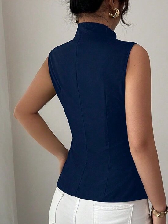 Royal Blue Elegant Women's Sleeveless High Neck Front Vest - Picture 2 of 7